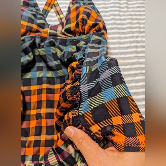 Motherhood Maternity Checkered One Piece Cross Strap Bathing Suit Orange Blue M - Picture 6 of 11